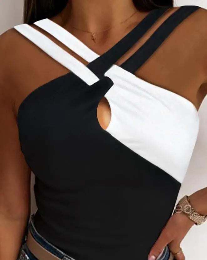 Fashion 2023 Casual Summer Sexy Sleeveless Colorblock Crisscross Halter Skinny Tank Top Female Clothes T-Shirts Pullover Tops